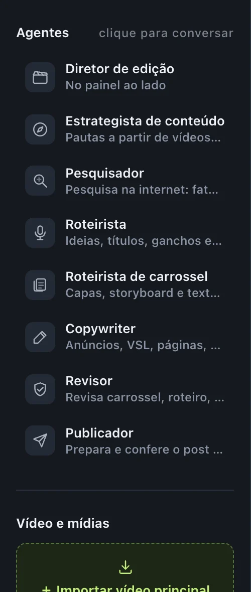 Painel esquerdo do ChatCut com a lista dos agentes