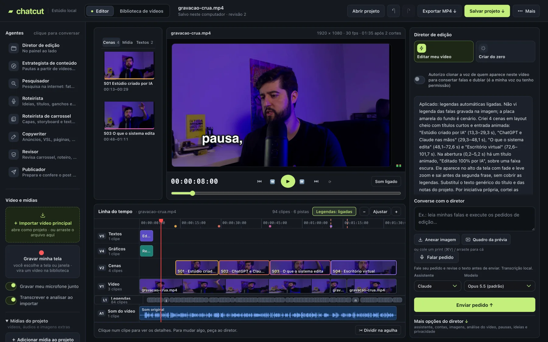 Tela real do ChatCut com o chat do diretor aberto ao lado da prévia do vídeo.